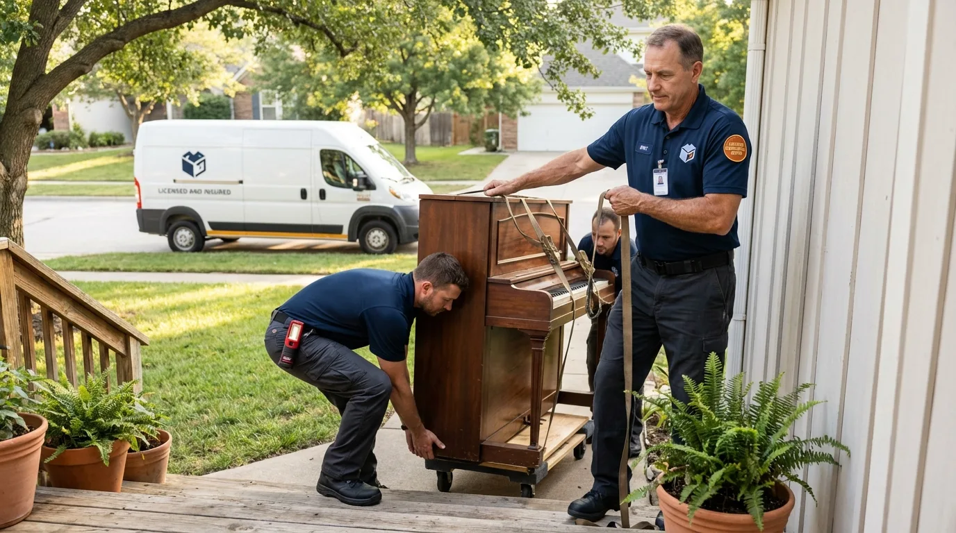Licensed piano movers securing grand piano in Monroe, GA
