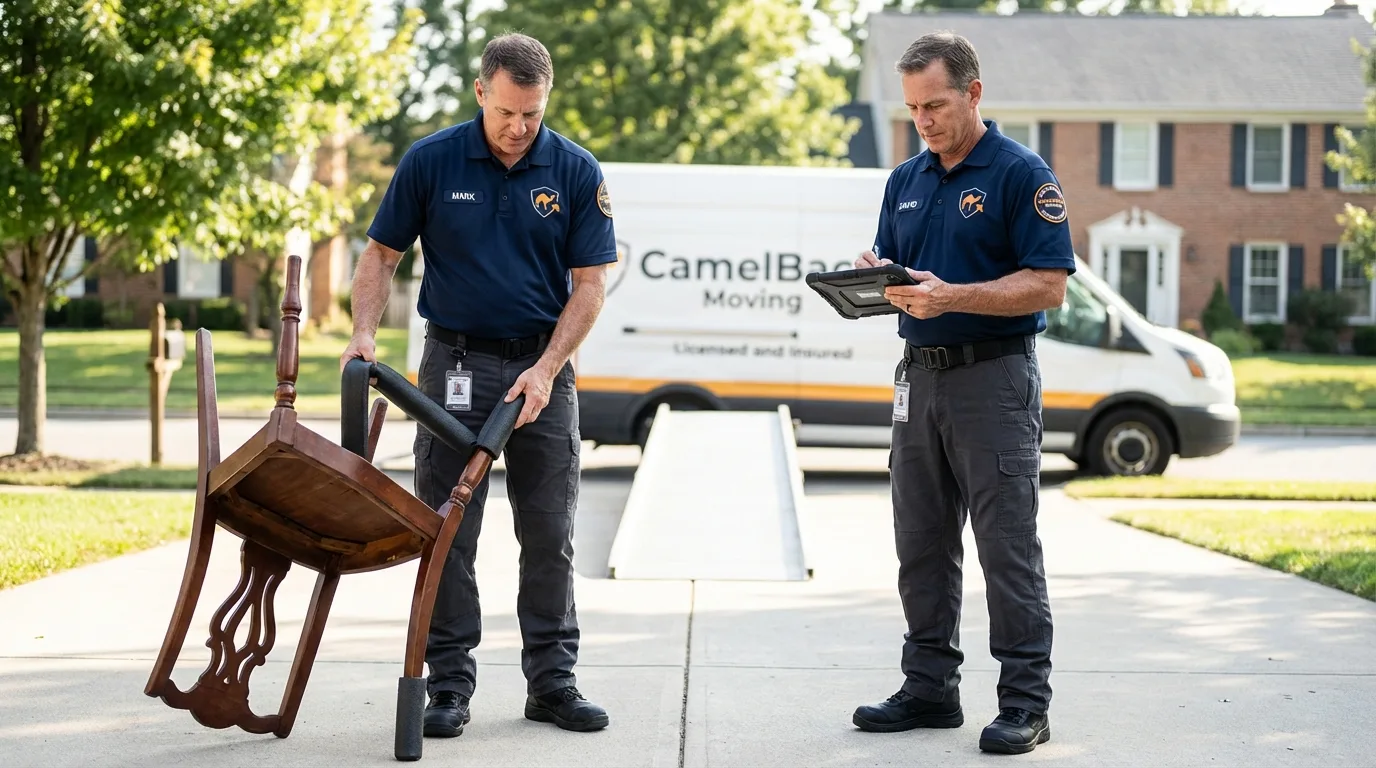 Movers inspecting furniture for damage prevention before loading in Monroe, GA